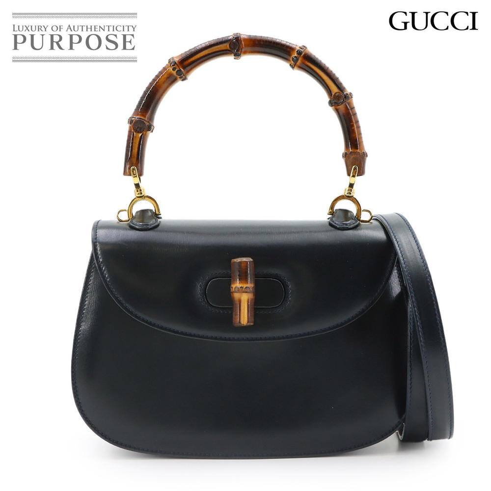 Gucci Bamboo Hand Shoulder Bag Leather Navy Blue